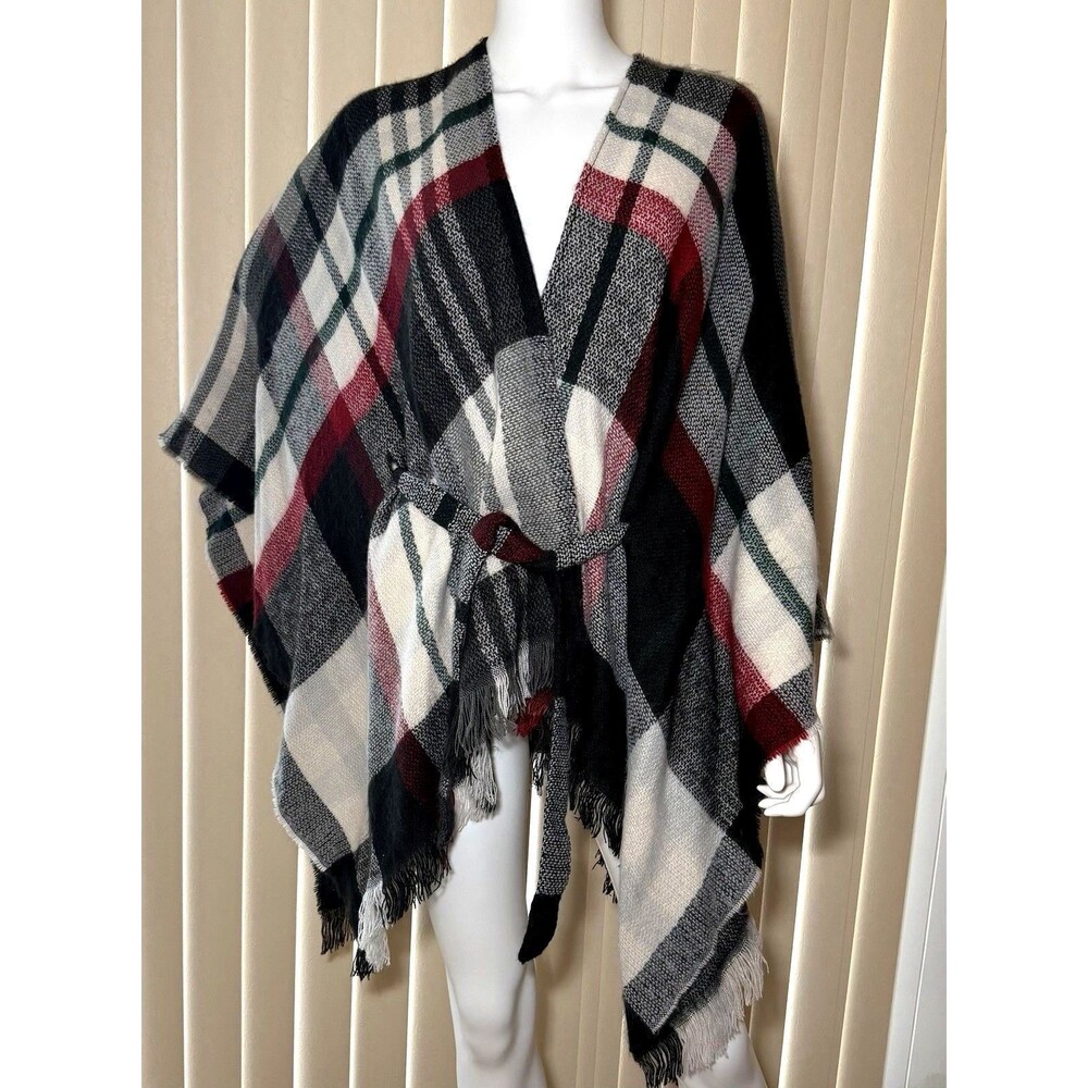 David & Young Plaid Belted Ruana Poncho Fringe Wrap Black Red Gray One Size